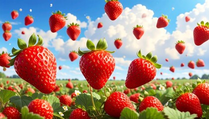 Strawberries float in a field beneath a blue sky dotted with fluffy clouds, creating a whimsical, vibrant scene