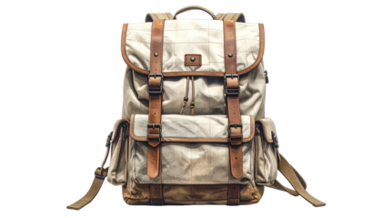 A classic, front-facing backpack with a light-colored, textured body, accented by brown leather straps and buckles, against a black background