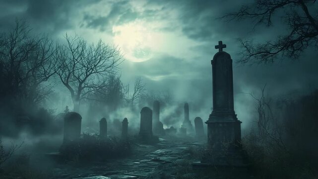 Creepy graveyard with bats flying under glowing full moon, surrounded by fog, tombstones, and twisted trees, symbolizing supernatural horror, gothic fantasy, Halloween, dark mystery, and haunting fear