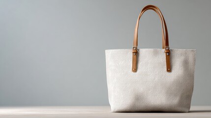 White tote bag with brown leather strap