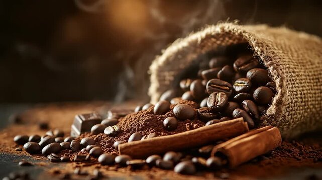 Aromatic coffee beans gracefully cascading from a burlap sack accompanied by the enticing scents of cinnamon and rich cocoa powder, creating a delightful and cozy atmosphere for coffee lovers to enjoy
