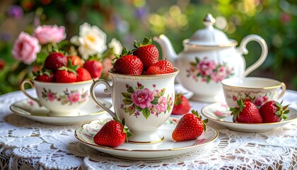 Strawberries overflow from floral teacups, placed on a lacy cloth in a garden setting. Gentle, blurred bokeh backdrop