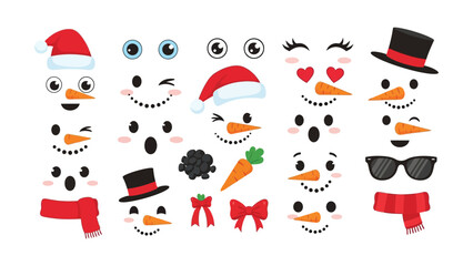 Snowman Face Builder Set with Cute Eyes, Carrot Noses, Hats and Valentine Accessories.