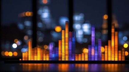 Abstract Glass Blocks in Yellow and Purple Hues with Night Cityscape Bokeh Background and Warm Lighting