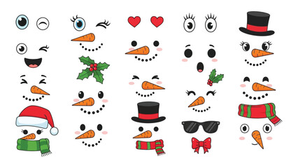 Cute Snowman Face Elements Set with Carrot Noses, Eyes, Hats and Holiday Accessories,  Set of funny cartoon snowman.