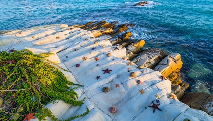 Bright coastal scene with white rocks, sea, greenery, and scattered starfish under a clear sky