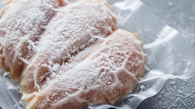 Close Up of Frozen Meat Packaging with Visible Ice Crystals and Freezer Burn