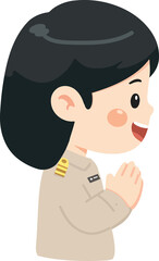 Illustration of Thai Female Government Officer Performing Respectful Greeting