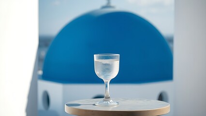 ouzo. Chilled ouzo glass on a table between blue dome and white walls. bar promotions, beverage menus, packaging labels, designed for product packaging and bar promotions, used by copywriters.