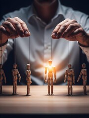 man and woman holding hands, Puppet Master Controlling Human Figures Symbolizing Power Manipulation