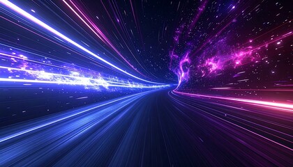 Streaking, vibrant light rays form a cosmic tunnel with purple and blue hues. Stars fill the darkness behind