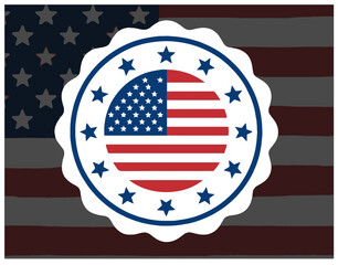  A bold patriotic badge features a circular American flag design surrounded by stars, set against a waving United States flag background. Great for national holidays.