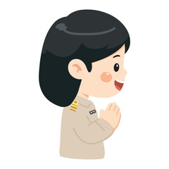 Illustration of Thai Female Government Officer Performing Respectful Greeting