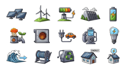 A set of green energy and renewable power icons representing sustainability isolated on transparent background