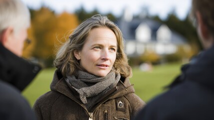 Fototapeta premium Medium shot of evaluator in ecofriendly attire discussing green property features with homeowners during sustainable real estate appraisal.