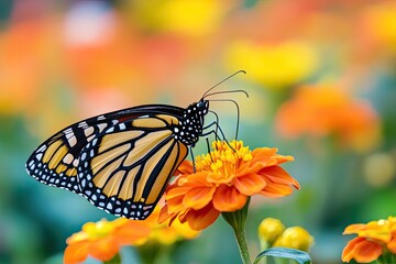 A monarch butterfly is perched on a vibrant orange marigold flower, surrounded by a lush green garden with a variety of other flowers and plants in the background.