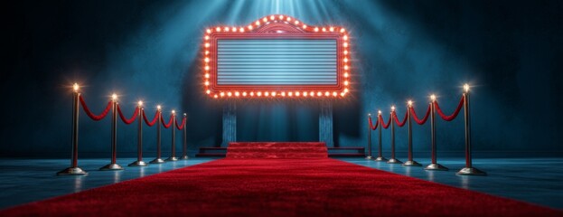 Movie theater marquee with blank sign mockup above red carpet surrounded by velvet ropes illuminated by bright lights  