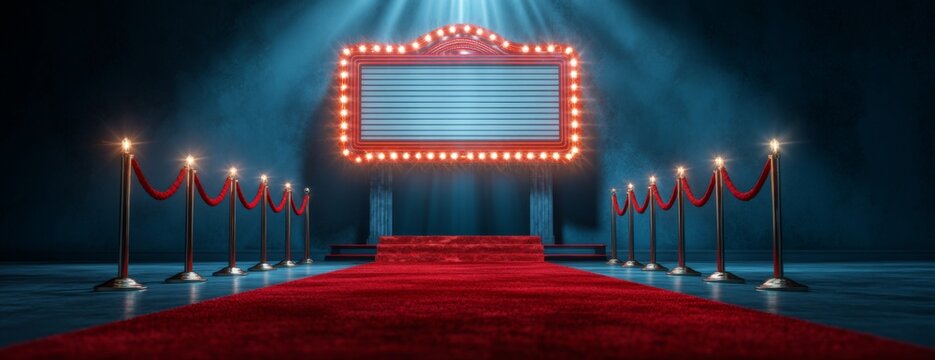 Movie theater marquee with blank sign mockup above red carpet surrounded by velvet ropes illuminated by bright lights  