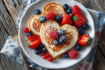 Valentines Day breakfast in bed with pancakes shaped like hearts, fresh berries