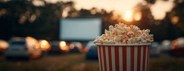 Popcorn in striped bucket in front of outdoor movie screen at sunset  