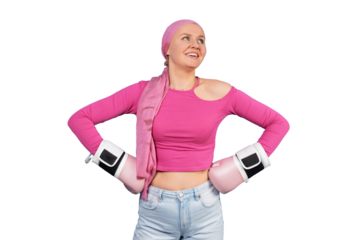 Woman fighting cancer wearing pink boxing gloves