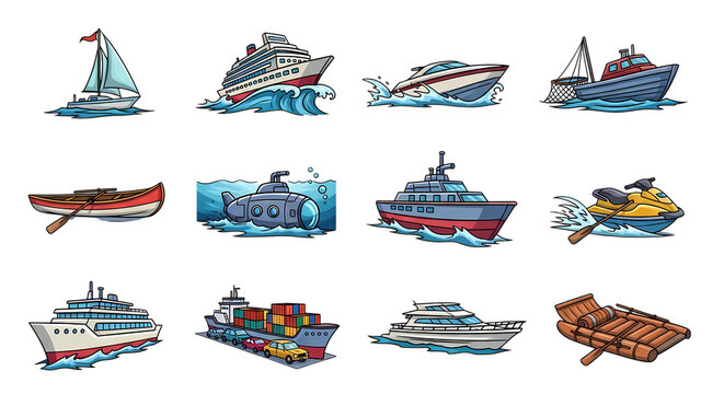 Collection of different types of boats, ships, and water vehicles in cartoon illustration style isolated on transparent background