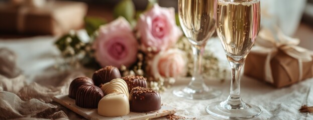 Elegant chocolate truffles and champagne glasses with flowers on table, Valentine's day concept
