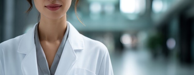Female doctor wearing white lab coat in modern hospital environment  