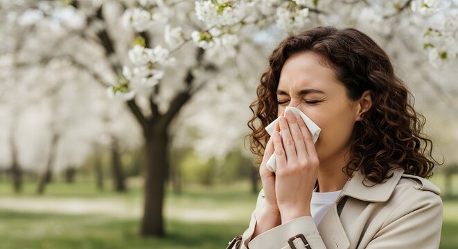 Young woman having a painful springtime sneeze in a blooming park, illustrating the seasonal allergies concept of hay fever discomfort