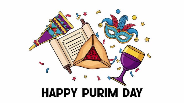 Animated Happy Purim Day Icon Set with Megillah Hamantaschen Mask Wine and Gragger