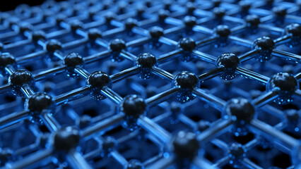 A 3d digital technology design featuring a blue wire mesh background and metal grid fence pattern symbolizing a high tech data connection and fiber optic internet communication concept