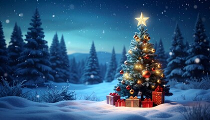 Obraz premium christmas tree with gifts in the night with Gift boxes in forest snow 