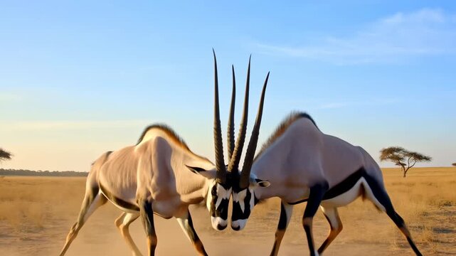 Two male oryx gemsbok fighting in african savannah