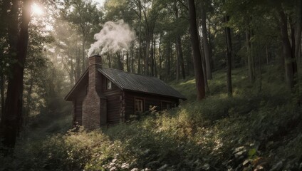 Cozy Log Cabin Nestled Deep Within a Sun-Dappled Forest with Smoke Rising from Chimney.