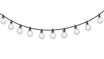 String of glowing white globe light bulbs hangs suspended on a black wire against a on transparent background