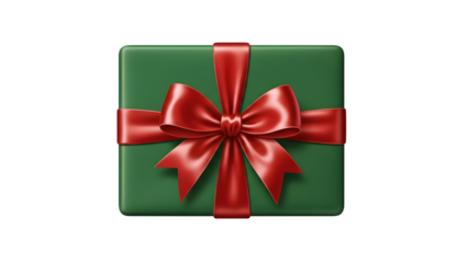 Realistic green gift box wrapped with a luxurious shiny red satin ribbon and large bow on black on transparent background