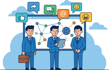 Digital business communication and social media marketing concept with professional team, online interaction icons, global networking, flat illustration