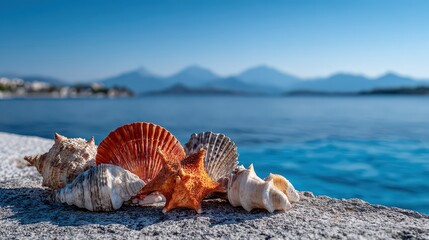 Collection of Seashells on Concrete Surface near Blue Sea and Misty Mountain Range under Clear Sky on Sunny Day with Natural Lighting in Summer Vacation