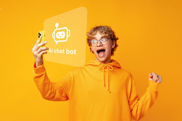 Young person excitedly interacts with AI chat bot on smartphone in bright space