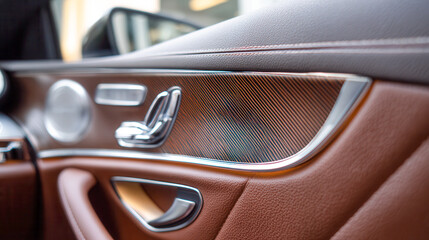Modern luxury car door interior featuring elegant leather upholstery, chrome accents, and sophisticated wood grain trim design with integrated controls and speaker s