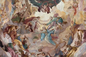 Wandcirkels plexiglas Jezus Christus SALZBURG, AUSTIRA - SEPTEMBER 7, 2025: The Coronation of Virign Mary in the cupola of church Dreifaltigkeitskirche (Holy Trinity) by Johann Michael Rottmayr (1679 - 1700).  © Renáta Sedmáková