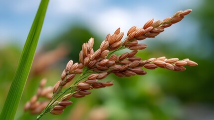 Naklejka premium Close up of a ripening rice stalk with brown grains against a blurred natural background