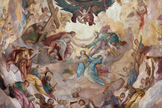 SALZBURG, AUSTIRA - SEPTEMBER 7, 2025: The Coronation of Virign Mary in the cupola of church Dreifaltigkeitskirche (Holy Trinity) by Johann Michael Rottmayr (1679 - 1700).