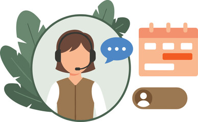 Customer support service concept with call center agent, headset communication, scheduling calendar, online help desk illustration