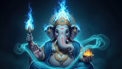 Obraz premium Mystical electric blue depiction of Hindu deity Ganesha holding flame and trident.