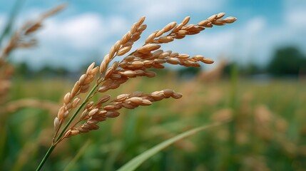 Naklejka premium Golden rice grains ripen on the stalk in a sunlit agricultural field during harvest season