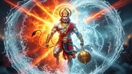 Mythical monkey deity Hanuman depicted with mace amid cosmic fire and water.