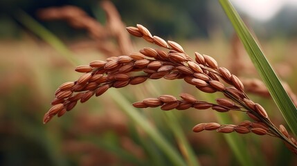 Naklejka premium Close up of a mature rice stalk with brown grains ready for harvest in a sunlit field