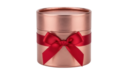 Elegant rose gold gift box with red ribbon isolated PNG, present for special occasions and celebrations on transparent background