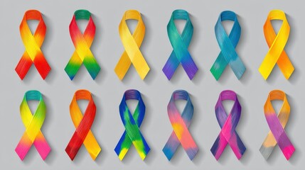 A collection of watercolor ribbons in various bright colors, set against a neutral gray background. The ribbons represent a range of causes